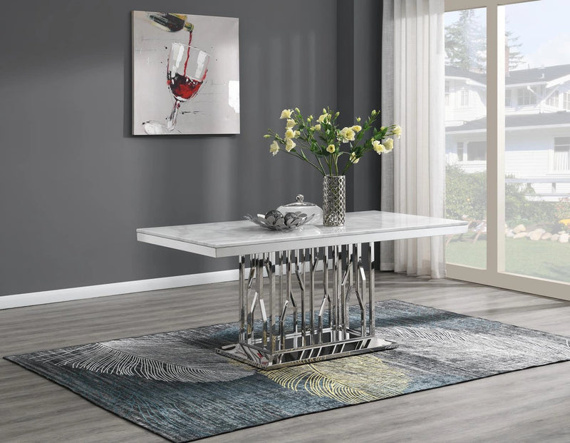 Dining Table (White Marble) & 6 Gray Velvet Chairs