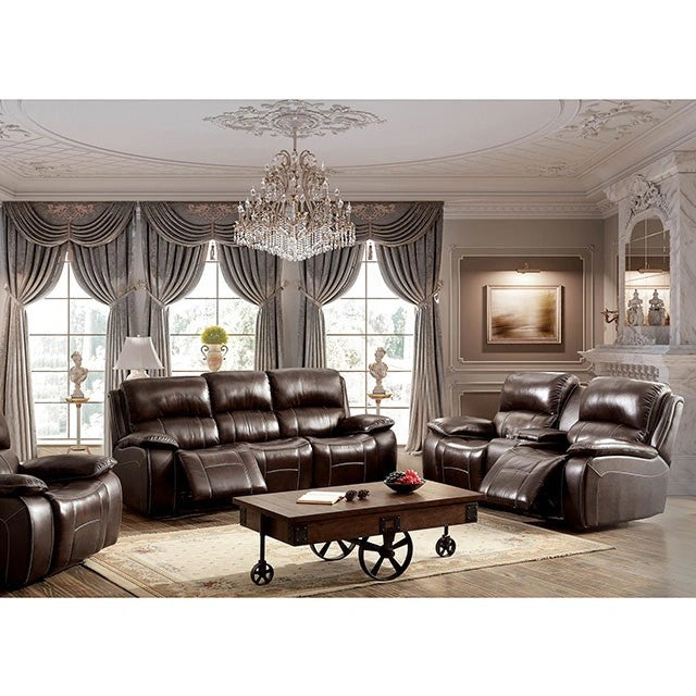 FOA East Ruth Brown loveseat with plush upholstery and rolled arms