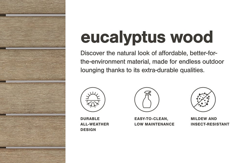 Outdoor Ashley Furniture Clare View outdoor seating set with eucalyptus wood frames and plush cushions, ideal for patio relaxation.