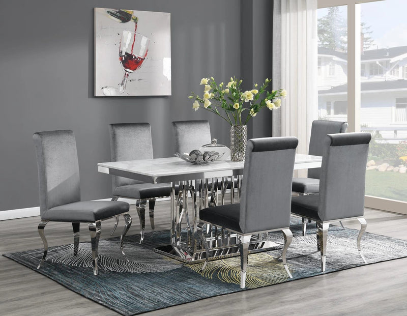 Dining Table (White Marble) & 6 Gray Velvet Chairs