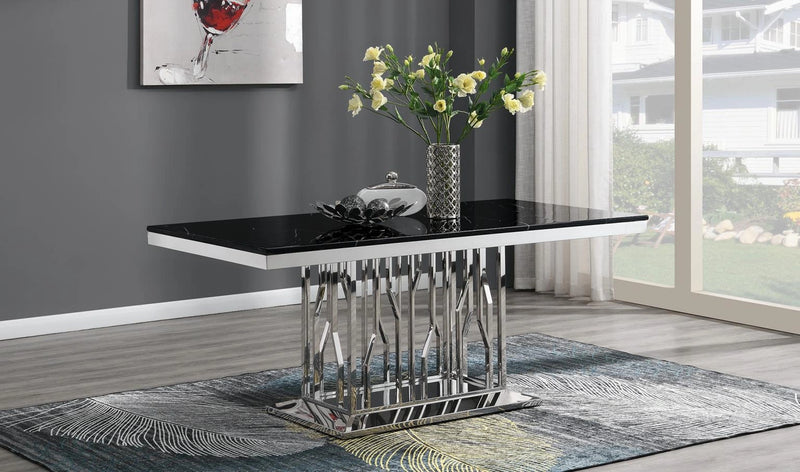 Dining Table (Black Marble) & 6 Gray Velvet Chairs