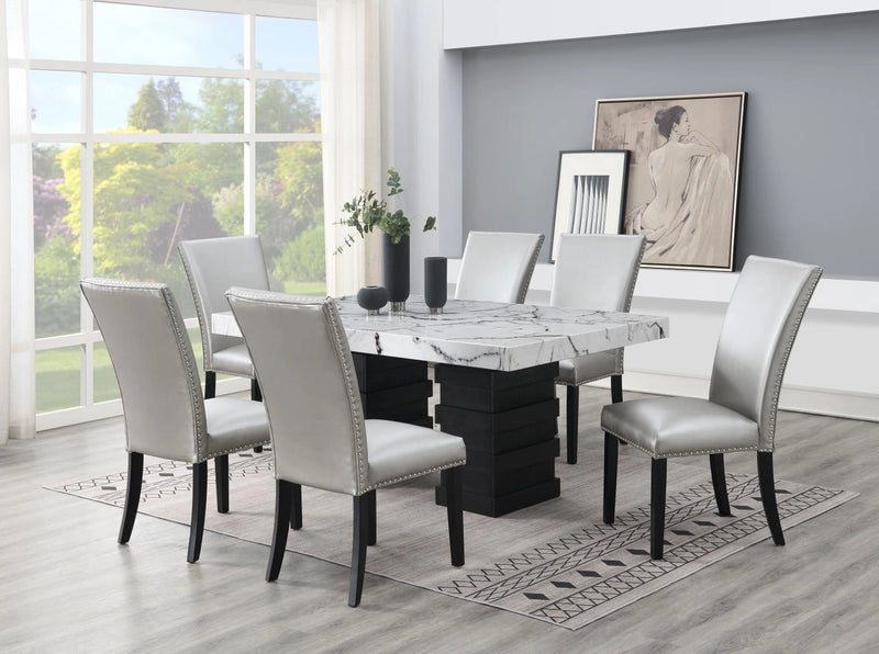 Dining Table & 6 Silver Leather Chairs