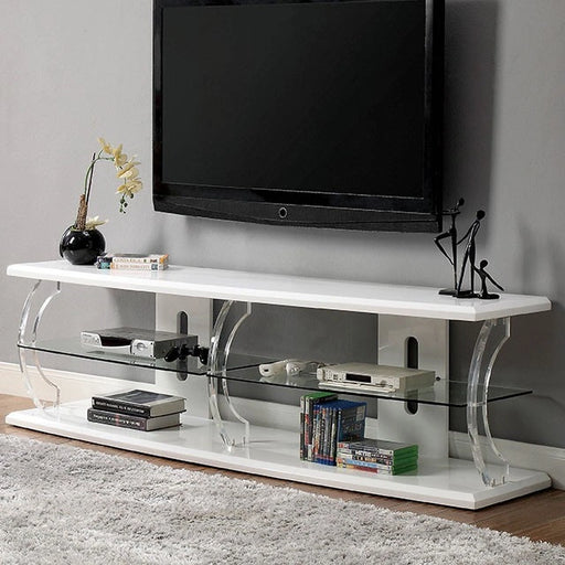 FOA East Ernst white and clear 60-inch TV stand with glass doors and open shelving
