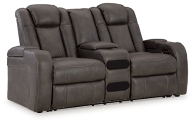 Ashley Furniture Fyne-Dyme power reclining loveseat with console, showing plush fabric, built-in cup holders, and reclining features.
