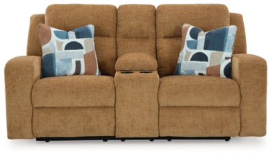 Ashley Furniture Kanlow Reclining Loveseat with Console, showing plush fabric, reclining seats, and built-in center console.