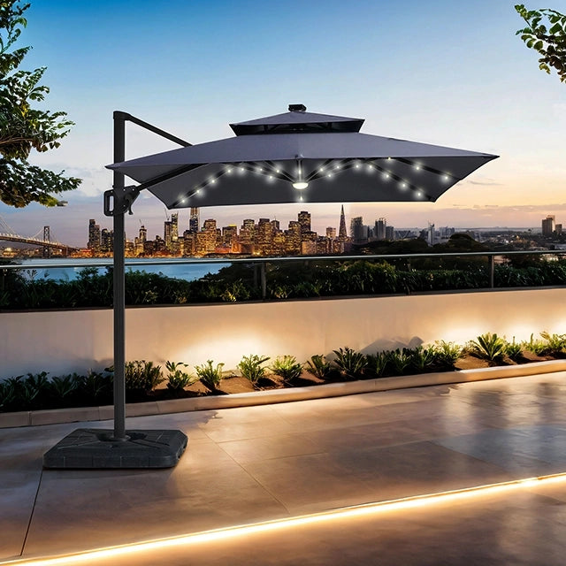 Xico 8 Ft Square Umbrella w/ Double Top w/ LED Light + 37" Large Base