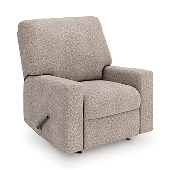 Ashley Furniture Seyler Lane recliner in a neutral fabric, shown from a side angle with plush cushioning and wooden legs.
