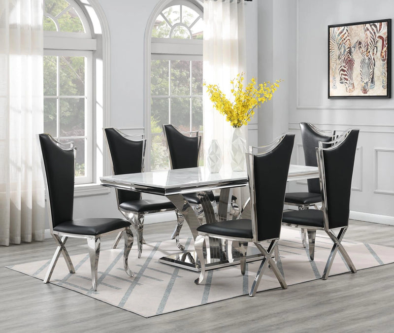 Dining Table (White Marble) & 6 Black Leather Chairs