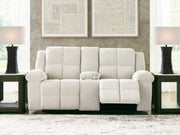Open Ashley Furniture Orlen reclining loveseat with console, showing plush fabric, reclining seats, and built-in center console.