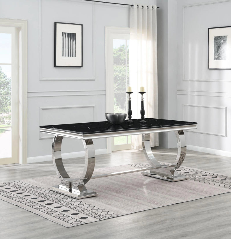 Dining Table (Black Marble) & 6 Gray Velvet Chairs