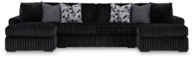 Ashley Furniture Midnight-Madness sectional with chaise, showing plush dark fabric, modern design, and comfortable seating from a head-on view.