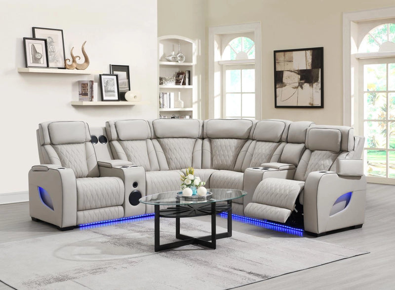 Gray 3 Pc Power Led Sectional, Power Headrest, Heat, Massage Wireless Charger, And Usb