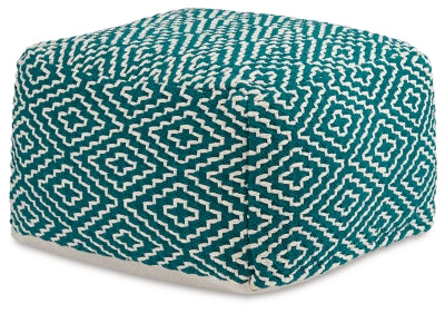Ashley Furniture Brynnsen pouf in neutral fabric with wooden legs, showcased from an angled side view.