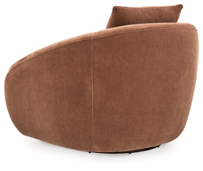 Ashley Furniture Yahya swivel accent chair with plush fabric and wooden legs, shown from the back in a stylish living room setting