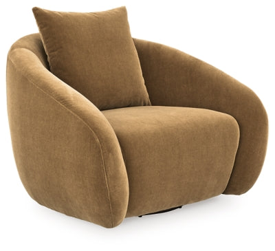Ashley Furniture Yahya swivel accent chair with plush upholstery and wooden legs, shown from an angled side view.
