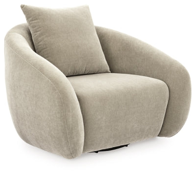 Ashley Furniture Yahya swivel accent chair with plush upholstery and wooden legs, shown from an angled side view.