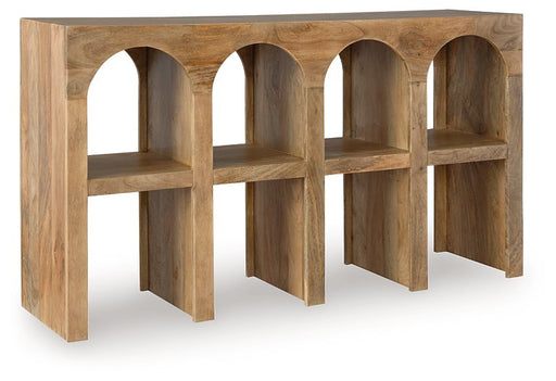Ashley Furniture Luzmanacy console sofa table with a sleek wooden finish and modern design, shown from an angled side view.