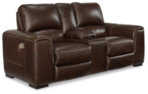Ashley Furniture Alessandro power reclining loveseat with built-in console, featuring plush cushions and a modern design.