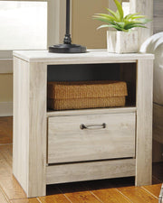 Ashley Furniture Bellaby Nightstand with drawer and open shelf, dark wood finish, modern bedside table design.
