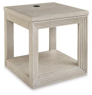 Ashley Furniture Marxhart End Table showing a modern wooden surface with a sleek design and sturdy legs.