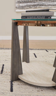 Ashley Furniture Frazwa End Table showing a sleek wooden surface with a modern design and sturdy legs.
