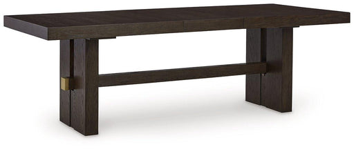 Ashley Furniture Burkhaus Dining Extension Table showing a modern wooden dining table with extendable leaf in a well-lit room