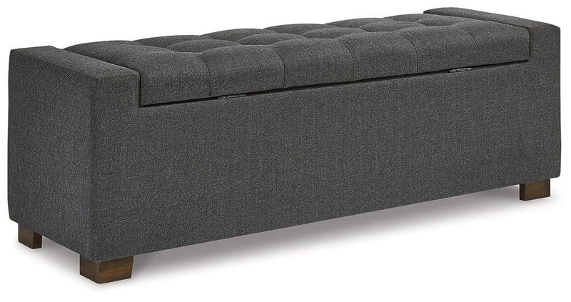 Ashley Furniture Cortwell Storage Bench with cushioned top and wooden base, perfect for entryway or living room storage.