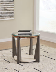 Ashley Furniture Frazwa end table with a wooden surface and metal legs, perfect for living room or bedroom decor.