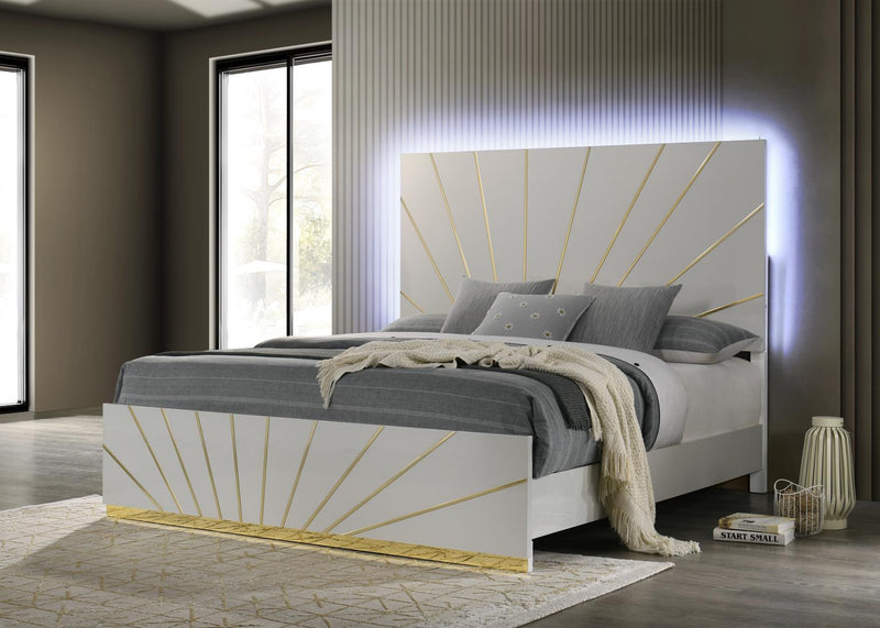 White/Gold Line Led Queen Bed