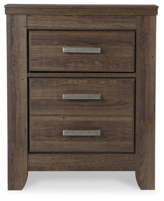 Ashley Furniture Juararo nightstand with a dark wood finish, featuring a sleek design and storage drawer.