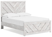 Ashley Furniture Cayboni Bed with a stylish wooden frame and angled side panels, shown from a side and front view.
