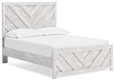 Ashley Furniture Cayboni Bed with a stylish wooden frame and angled side panels, shown from a side and front view.