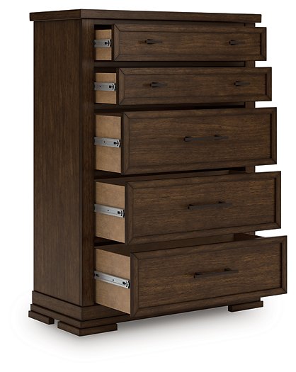 Ashley Furniture Taffenbrook Chest of Drawers in warm wood finish, showing multiple drawers and angled open view.