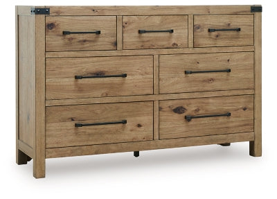 Ashley Furniture Ridgester Dresser with multiple drawers, angled view showing dark wood finish and sleek hardware.
