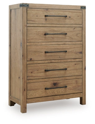 Ashley Furniture Ridgester chest of drawers with a modern wooden design and sleek metal handles, viewed from an angle.