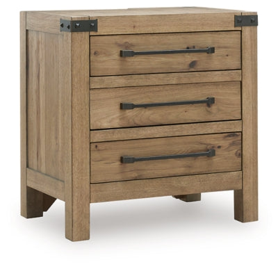 Ashley Furniture Ridgester nightstand with a closed drawer and dark wood finish, shown from an angled side view.