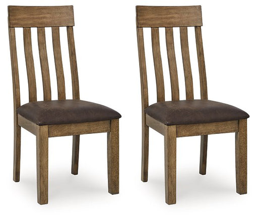 Ashley Furniture Urbinforte dining chair with wooden legs and upholstered seat, shown from a side angle.