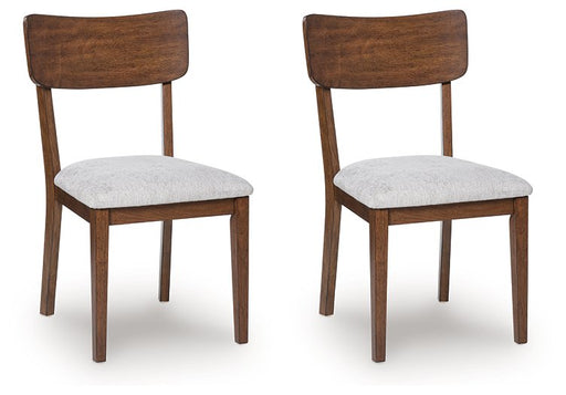 Ashley Furniture Tameride dining chair with dark wood finish and upholstered seat, shown from an angled side view.