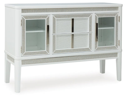 Ashley Furniture Chalanna dining server with open shelves and storage drawers, shown from an angled closed view.