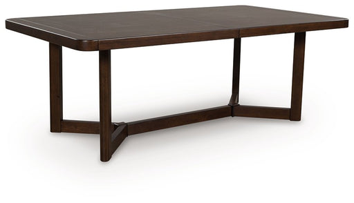 Ashley Furniture Dilenno dining extension table with wooden finish, shown from an angled side view with leaf extension.