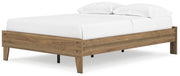 Ashley Furniture Deanlow Bed with a modern wooden frame and angled headboard, shown from a side angle.