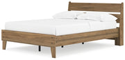 Ashley Furniture Deanlow Bed with a modern wooden frame and angled headboard, shown from a side angle.