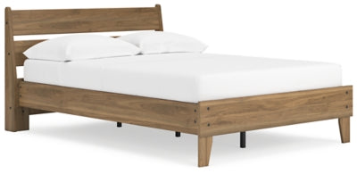 Ashley Furniture Deanlow Bed with a stylish wooden frame and angled headboard shown from a side angle.