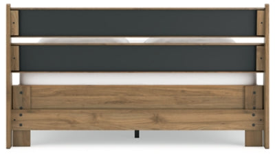 Ashley Furniture Deanlow Bed with a sturdy wooden frame and elegant headboard design, shown from the back in a neutral finish.