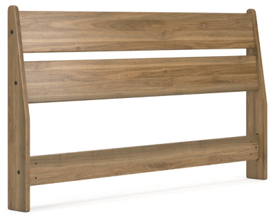 Ashley Furniture Deanlow Bed with a modern wooden frame and angled headboard, shown from a side angle.