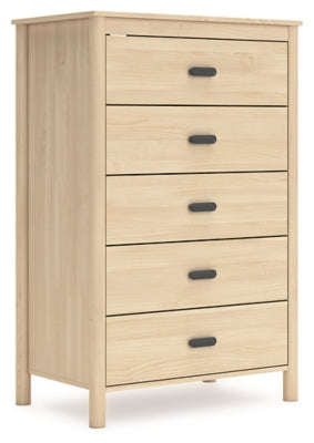 Ashley Furniture Cabinella chest of drawers with a sleek wood finish and modern design, shown from an angled side view.