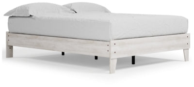 Ashley Furniture Shawburn Queen Platform Bed with a wood finish, shown from an angled view highlighting the headboard and frame.