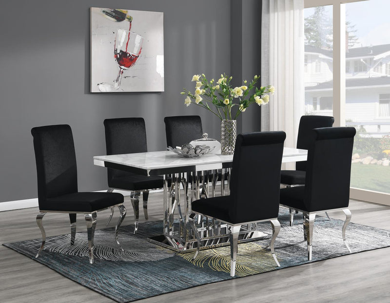 G-081-T-WHITE Dining Table White Marble-4 Black Leather Chairs