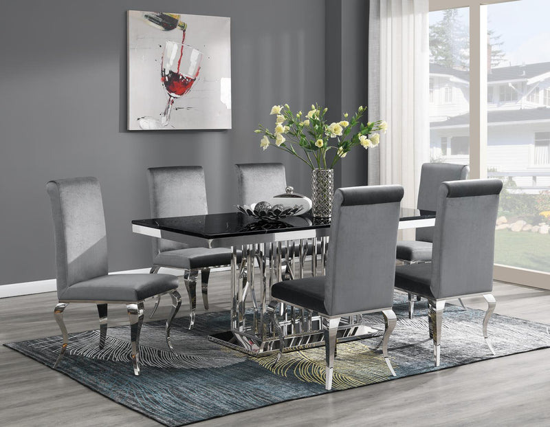 Dining Table (Black Marble) & 6 Gray Velvet Chairs