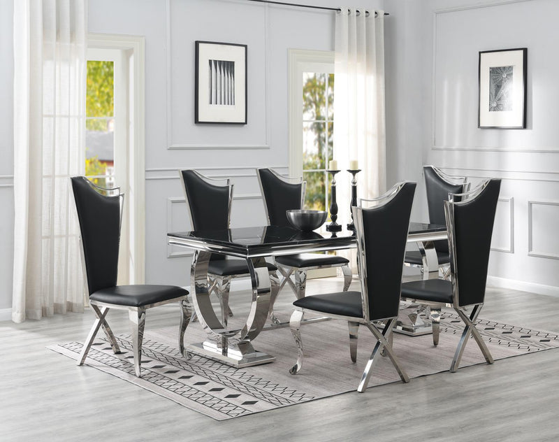 Dining Table (Black Marble) & 6 Black Leather Chairs